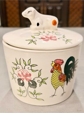 Vintage Japanese ceramic lidded canister rooster and floral motif
